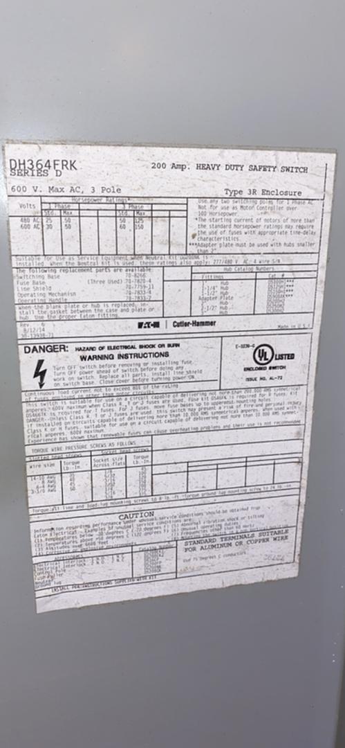 200A Disconnect EATON Heavy Duty Safety Switch DH364FRK(S6LLST4099)