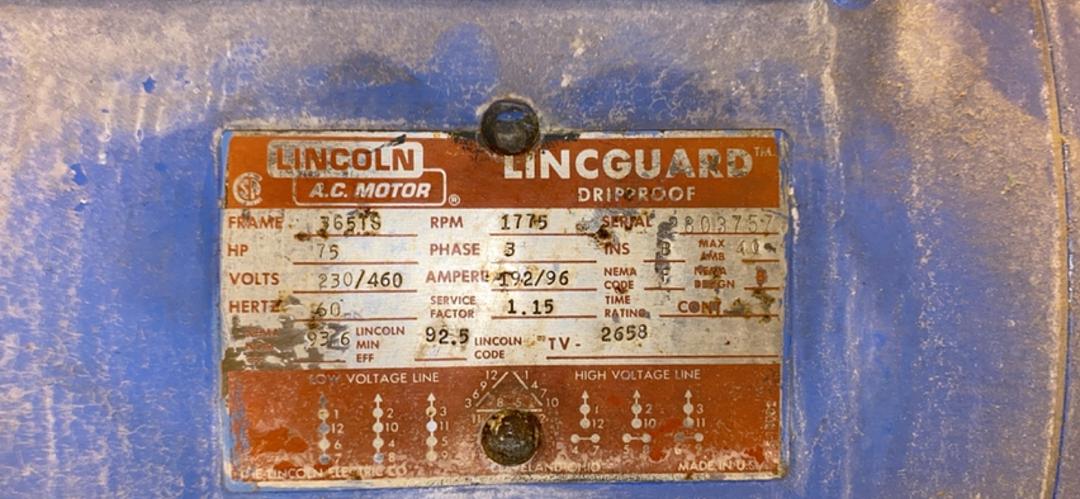 75HP LINCOLN A.C. Dripproof Motor / Pump Package Lincguard 460v(S6LLST6081)