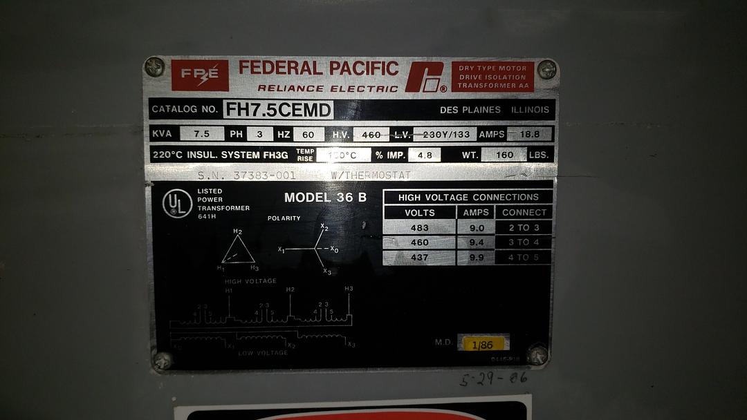 7.5KVA Federal Transformer 460 x 230Y/133 FH7.5CEMD(S6LLST10242)