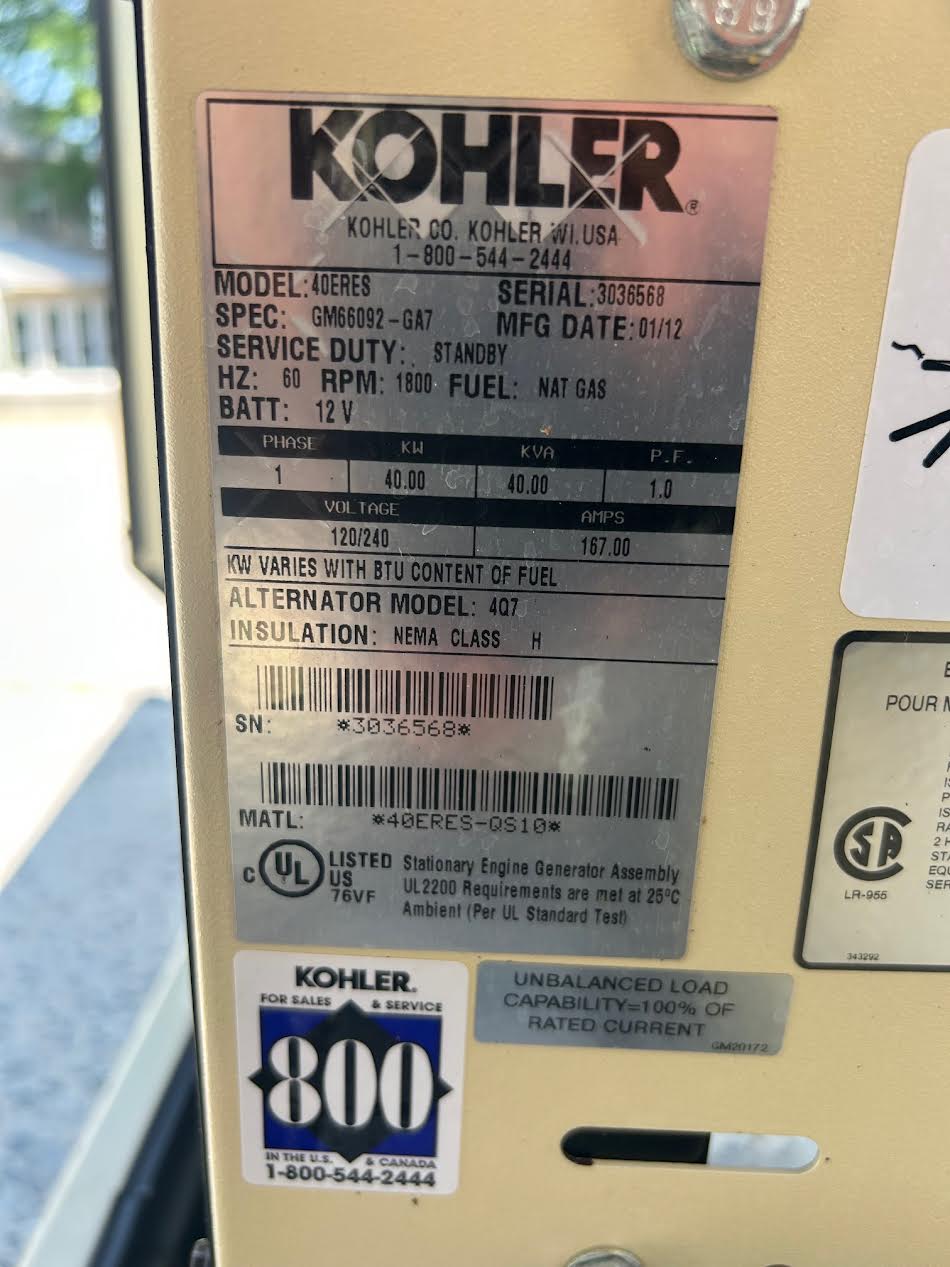 40KW Kohler Nat Gas LP Generator 1PH 120/240 1083hrs '12 TESTED