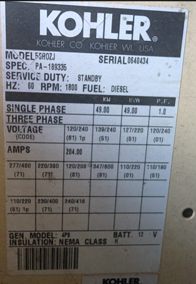 Kohler 60RZG 57kW 60KW LP Nat Gas Generator 1&3PH Standby GM 5.7L TESTED
