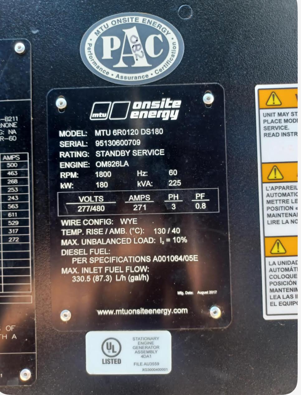 180KW MTU 6R0120 Mercedes Diesel Generator 1&3PH 251Hrs TESTED