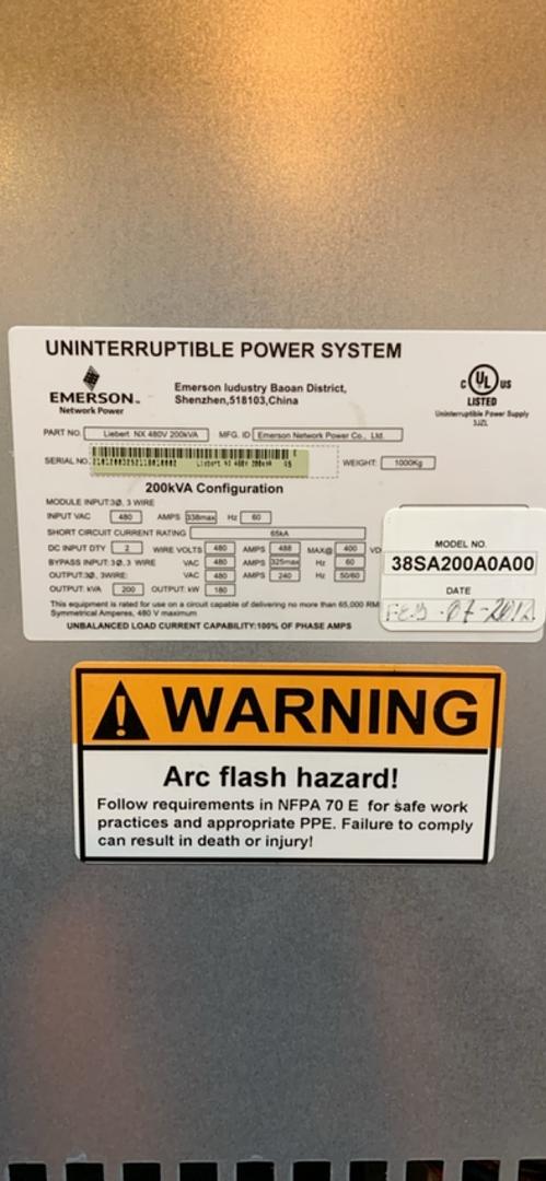 200KVA Liebert NX UPS 38SA200A0A00 480V '12(S6LLST8457)