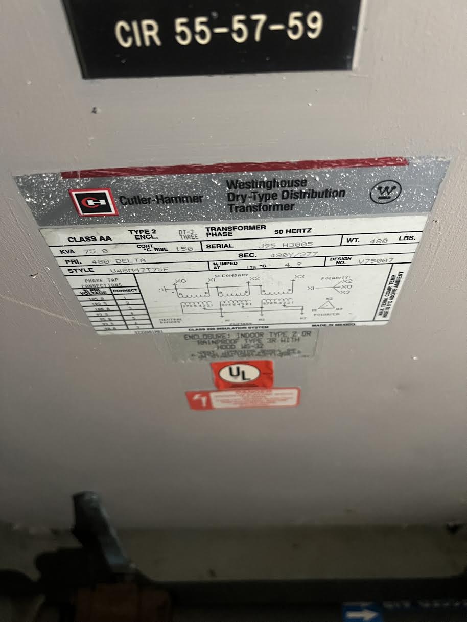 Cutler Hammer 75 KVA Transformer 480V to 480Y 277V 3 Phase V48M47T75F Westinghouse