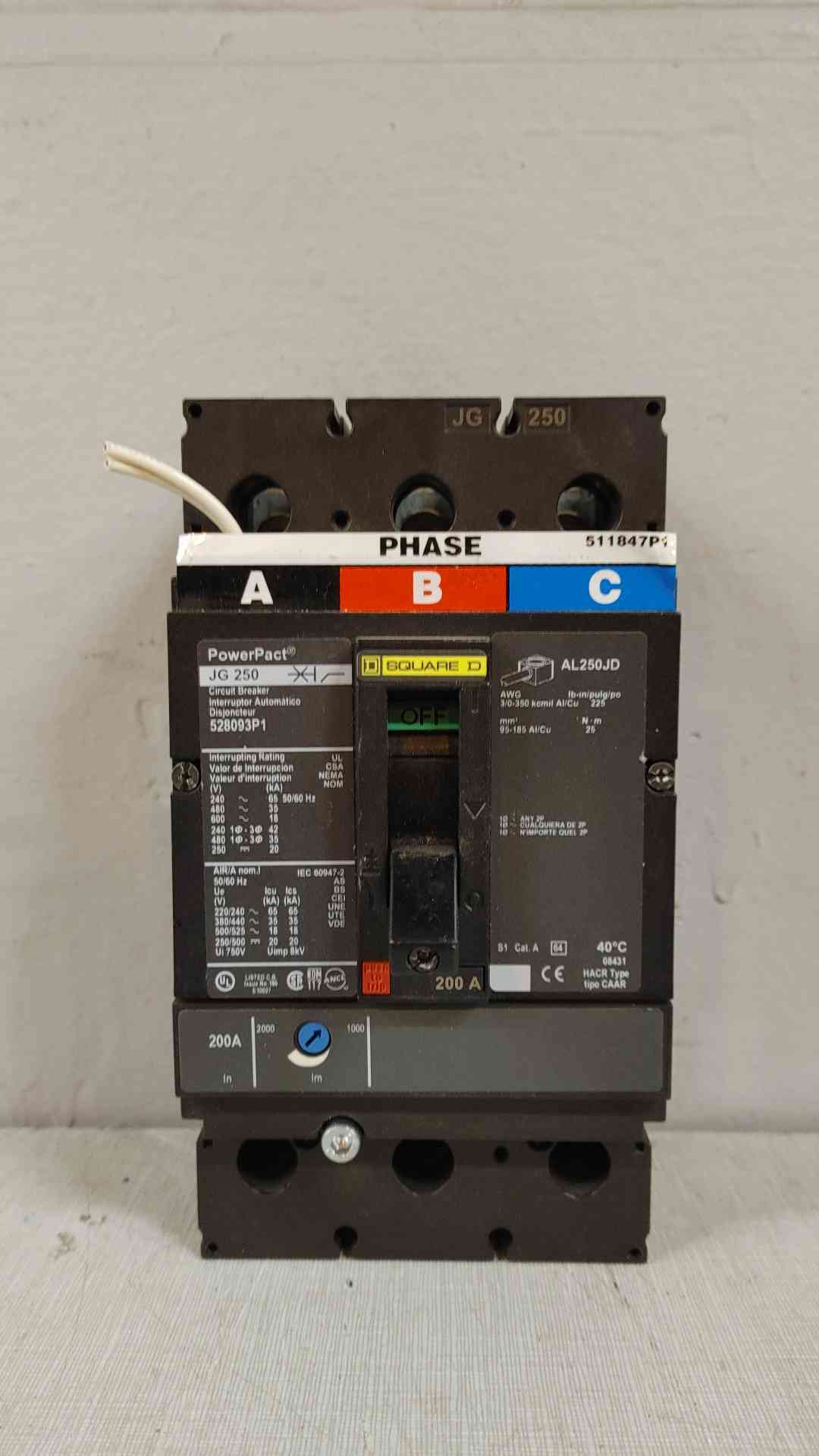 Square D PowerPact 200A 3 Pole Circuit Breaker JG 250(104637)