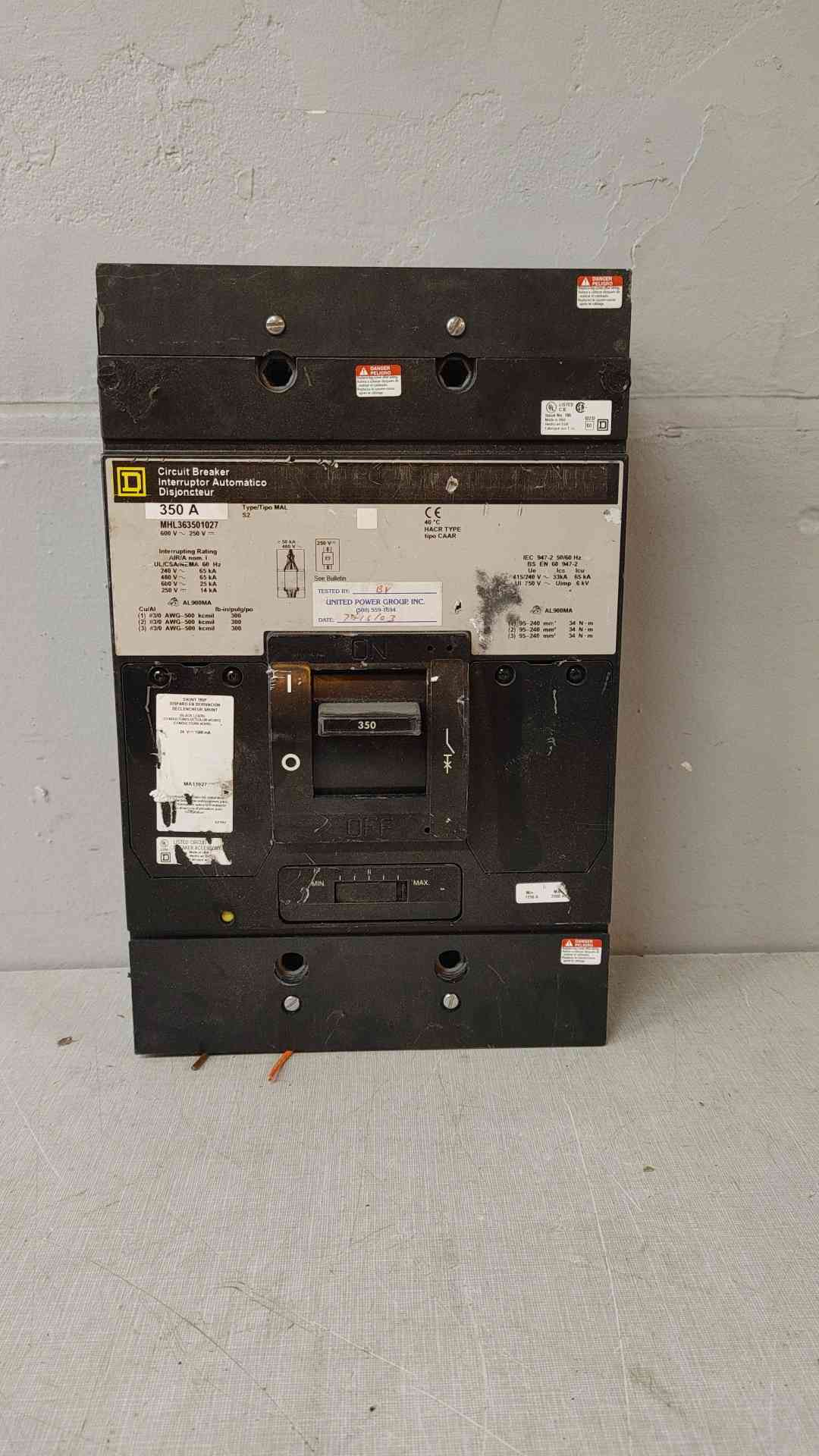 Square D 350A 3 Pole Circuit Breaker 600VDC 250VAC 65KA MHL363501027(104727)