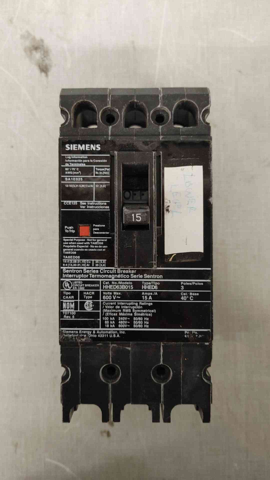 Siemens 15A 3 Pole Circuit Breaker 600VAC HHED63B015(104796)