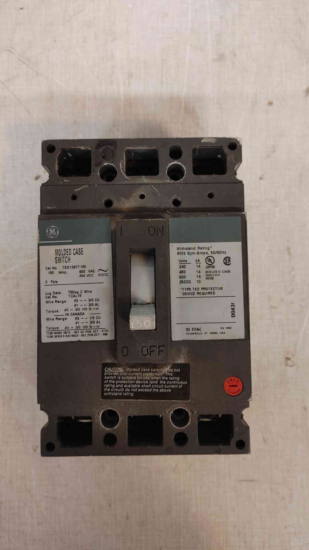 General Electric 150A 3 Pole Circuit Breaker 600VAC 250VDC TED136YT150(104873)