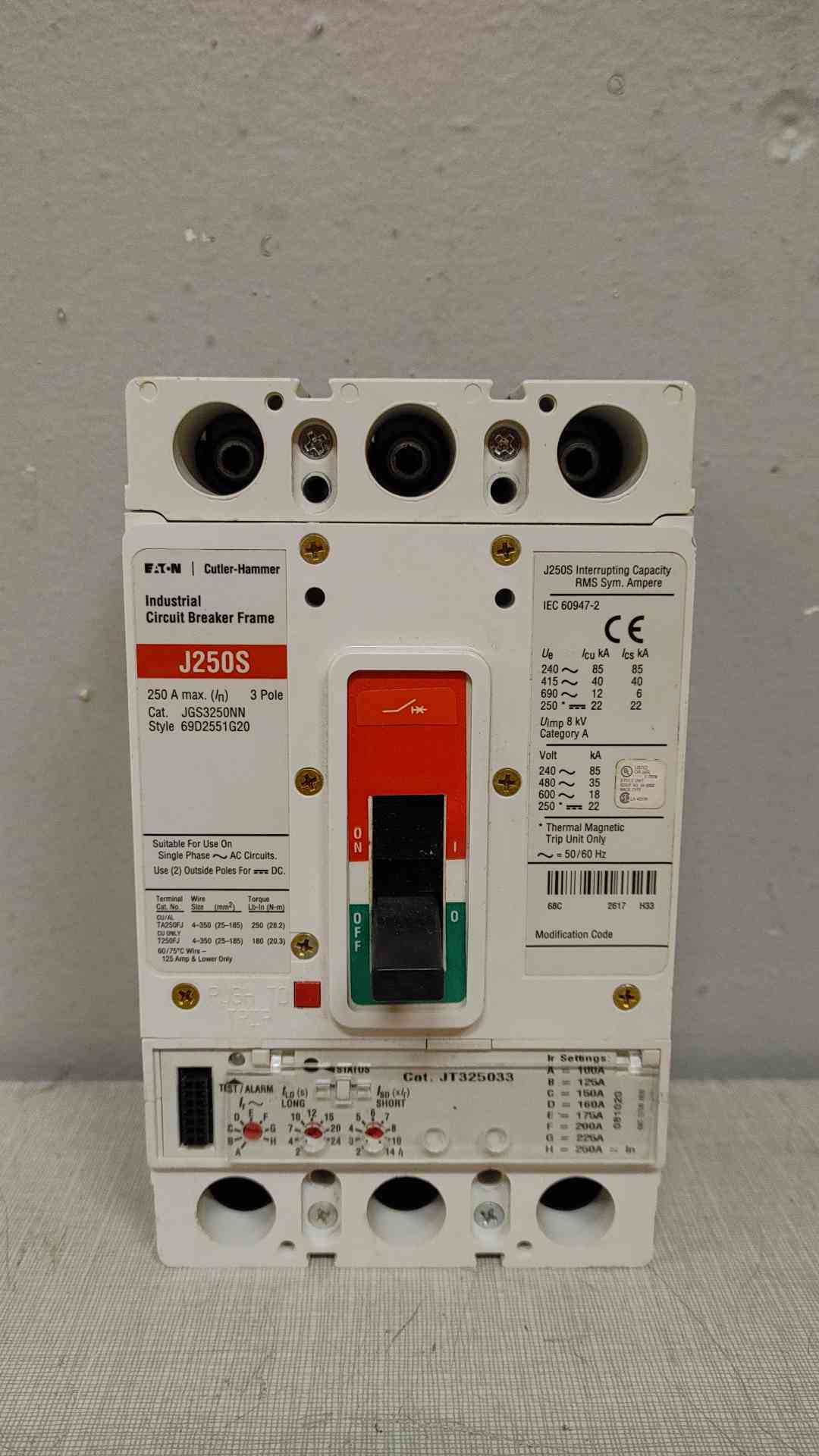 Eaton 250A 3 Pole Industrial Circuit Breaker 85KA 600V JGS3250NN