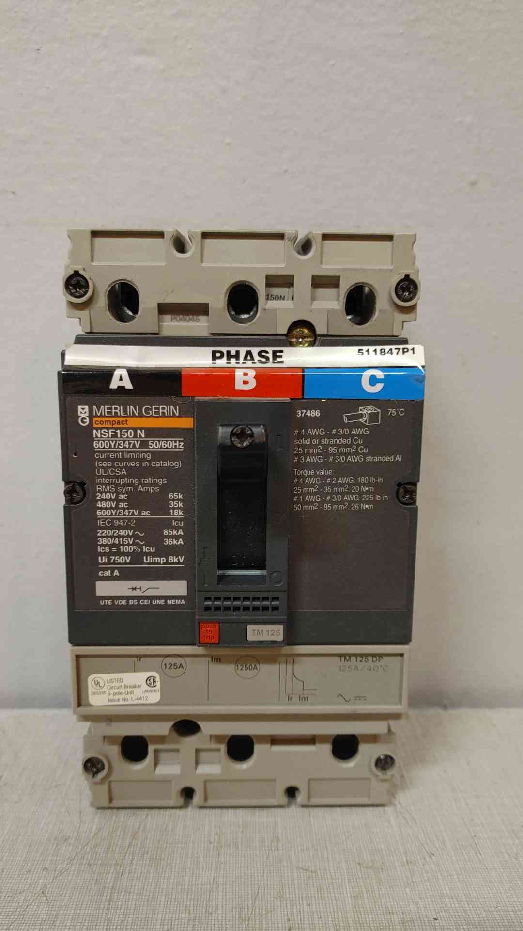 Merlin Green 125A 3 Pole Circuit Breaker 600Y/347V NSF150N (SKU: 107251)