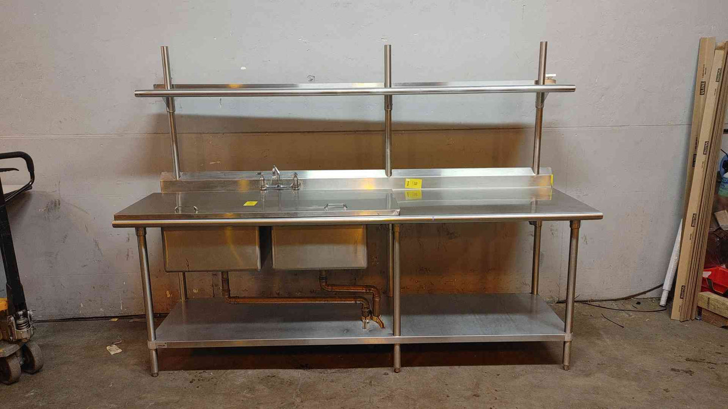 8' Stainless Steel Dual Basin Prep Table With Sink Cover & Tiered Shelves