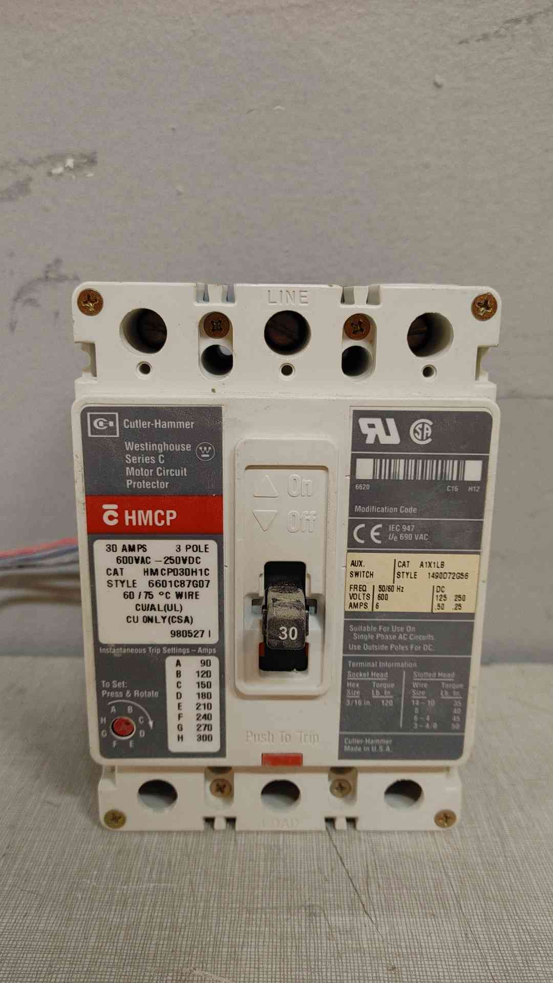 Westinghouse Series C Motor Circuit Breaker 30A 600VAC 250VDC HMCP030H1C