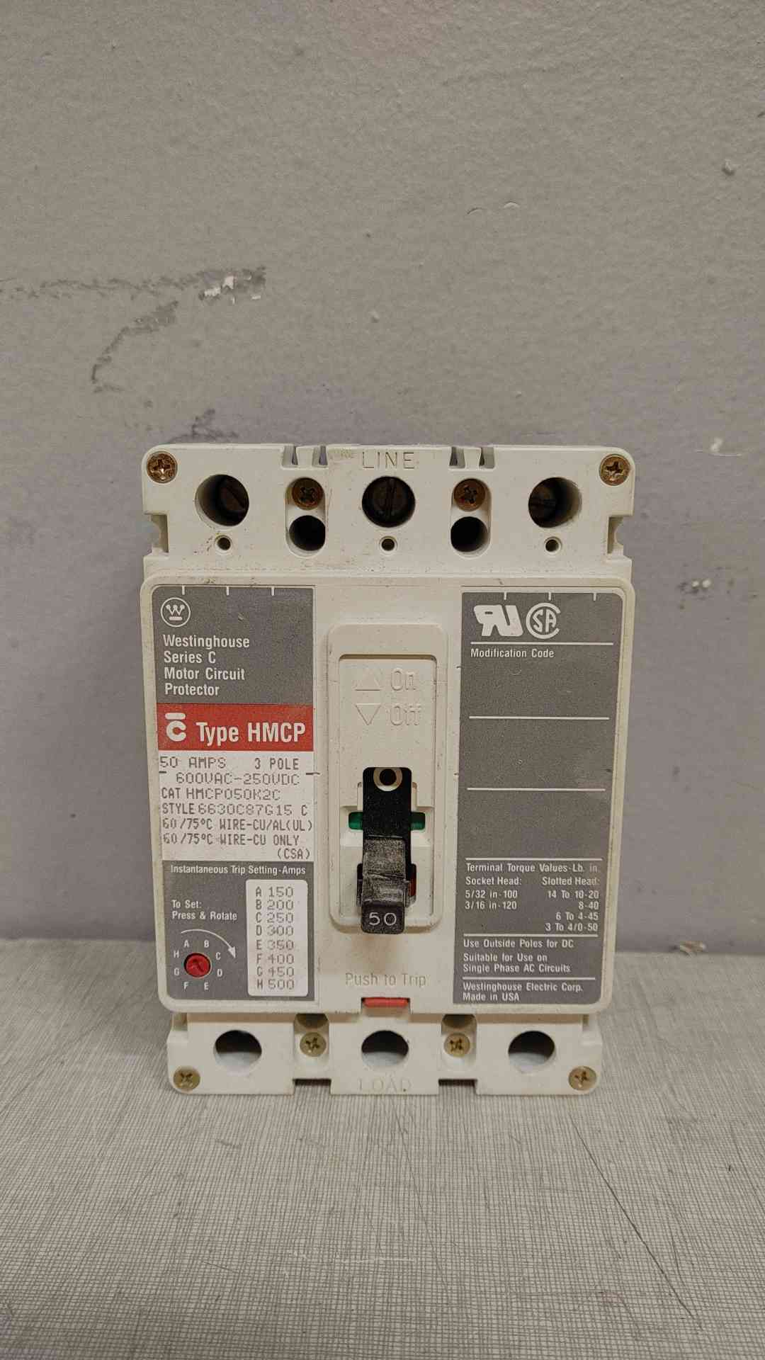 Westinghouse Series C Motor Circuit Protector 50A 3 Pole 600VAC 250VDC HMCP050K2C