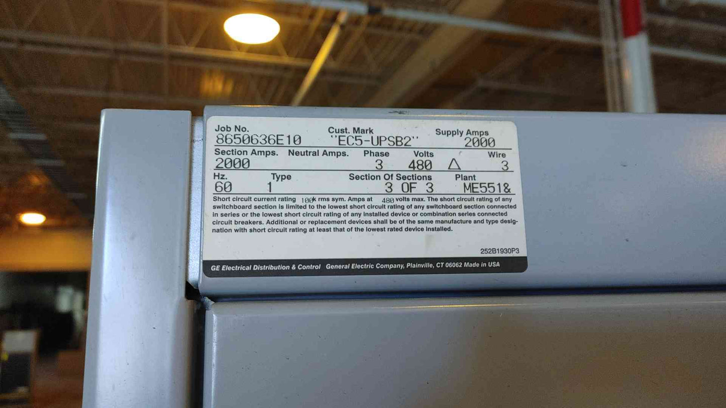 2000A GE Spectra Series Switchboard 3 Section 3PH 480V 28 Distribution & Meter