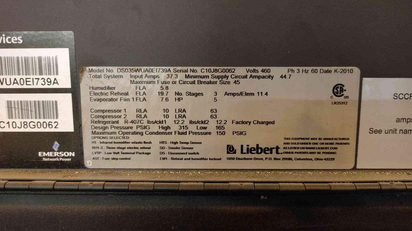 Liebert 12 Ton Downflow CRAC Unit DS035W UAE0E1739A R407C