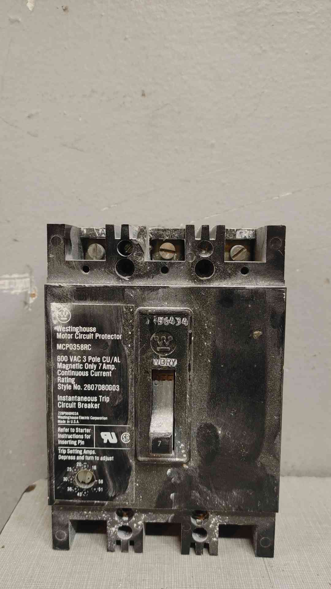 Westinghouse MCP0358RC 600V 3-Pole 7A Motor Circuit Protector - Adjustable Instantaneous Trip
