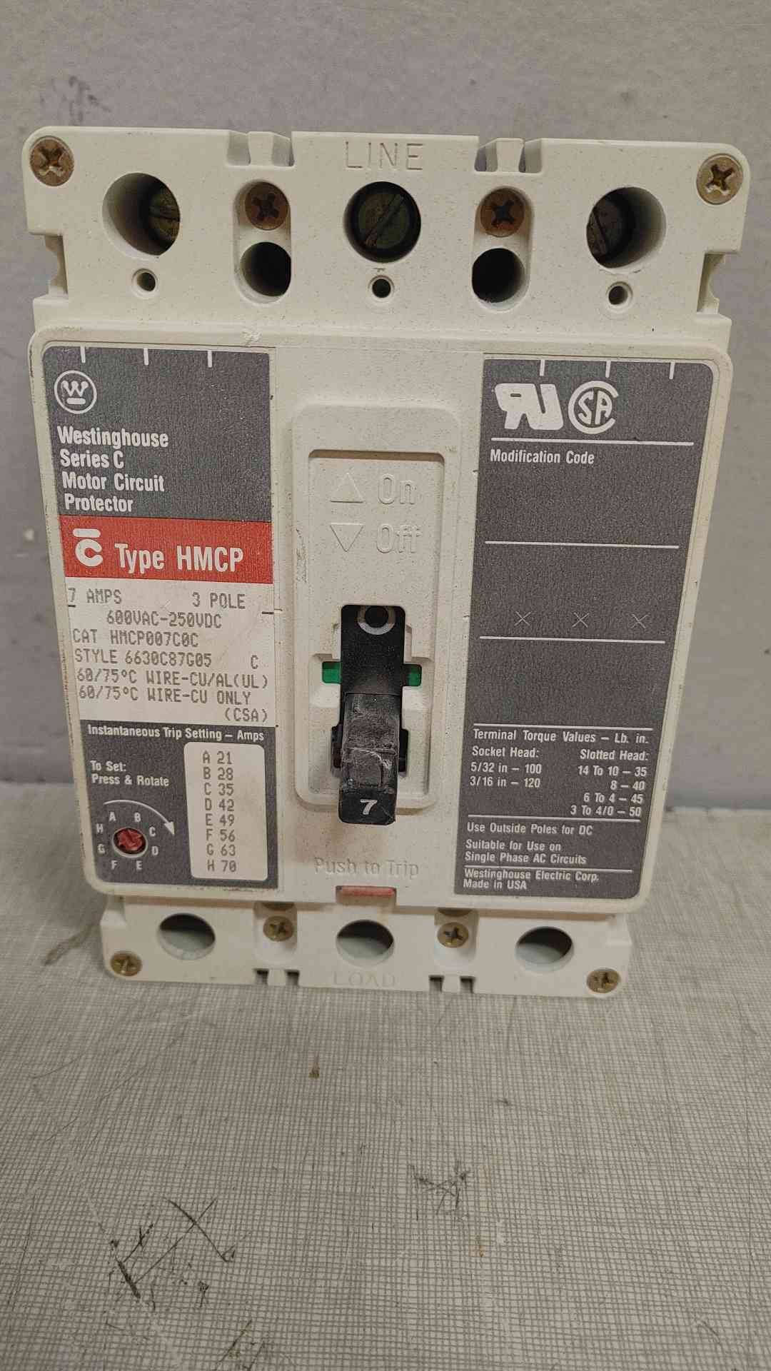 Reliable Westinghouse HMCP007C0C 7-Amp 3-Pole Motor Circuit Protector - Series C