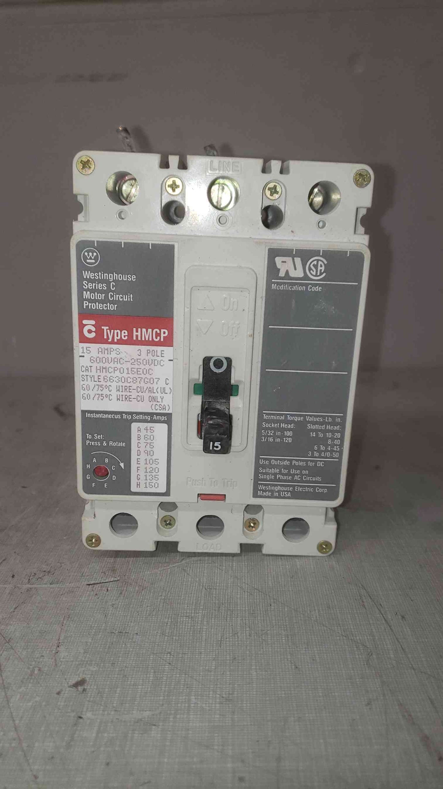 Westinghouse 15A 3 Pole 600VAC-250VDC Breaker HMCP015EOC (SKU: 109588)