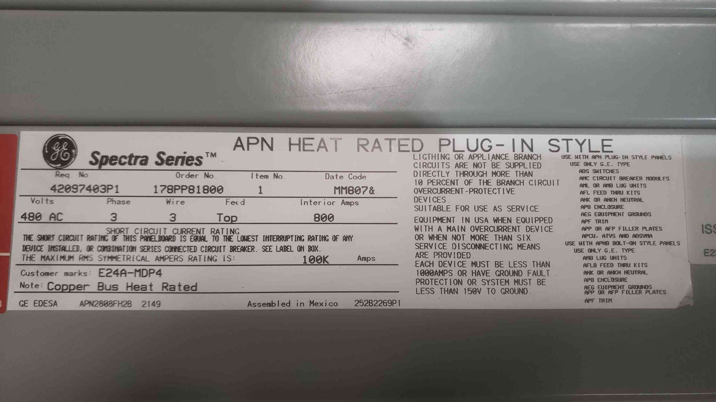 GE 800A Spectra Series 480VAC 3PH 3W Top Feed 3 Breaker Panelboard
