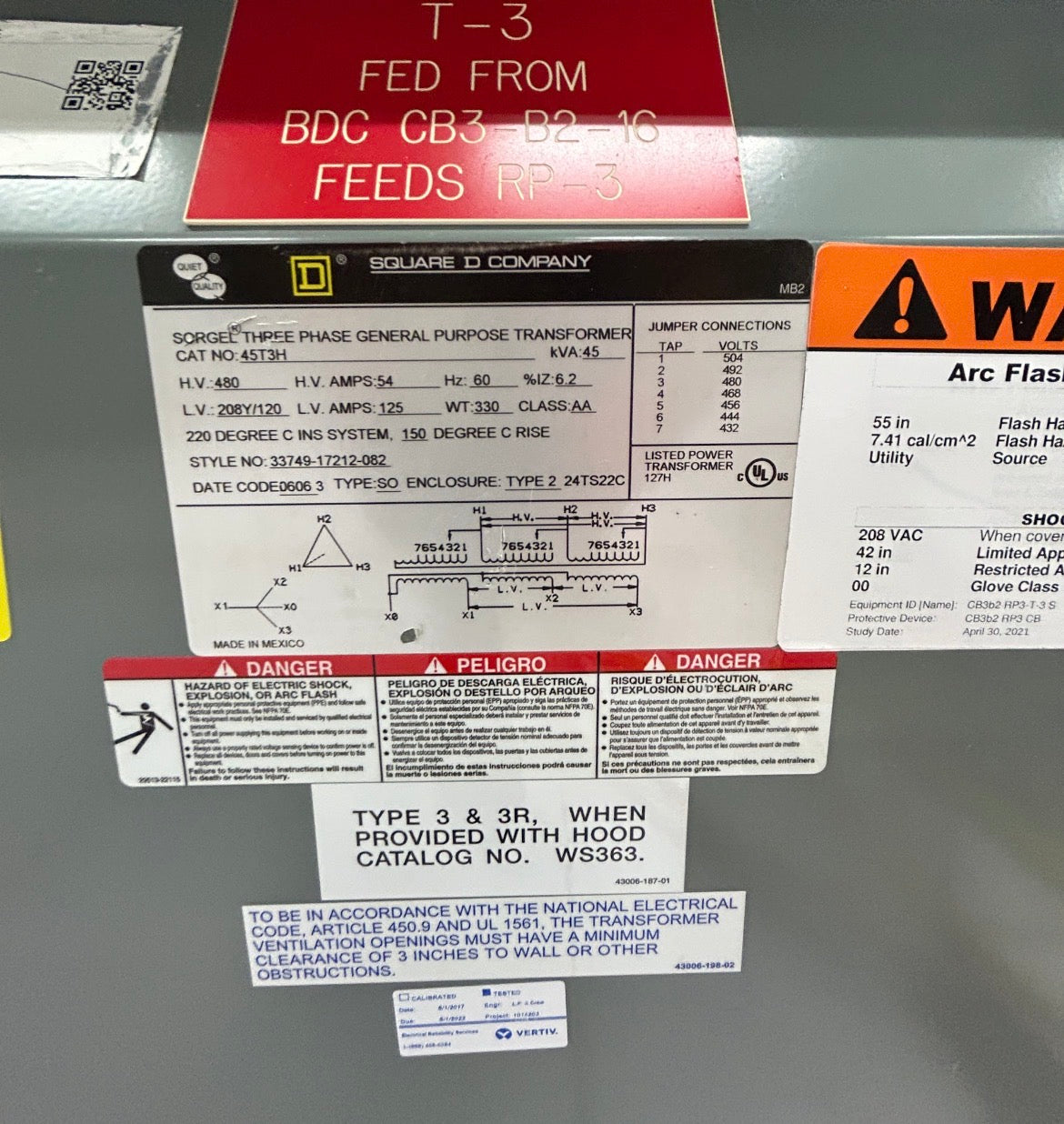 Square D 45T3H 45 kVA Transformer 3 Phase 480V to 208Y/120V Sorgel Dry Type (SKU: 113134)