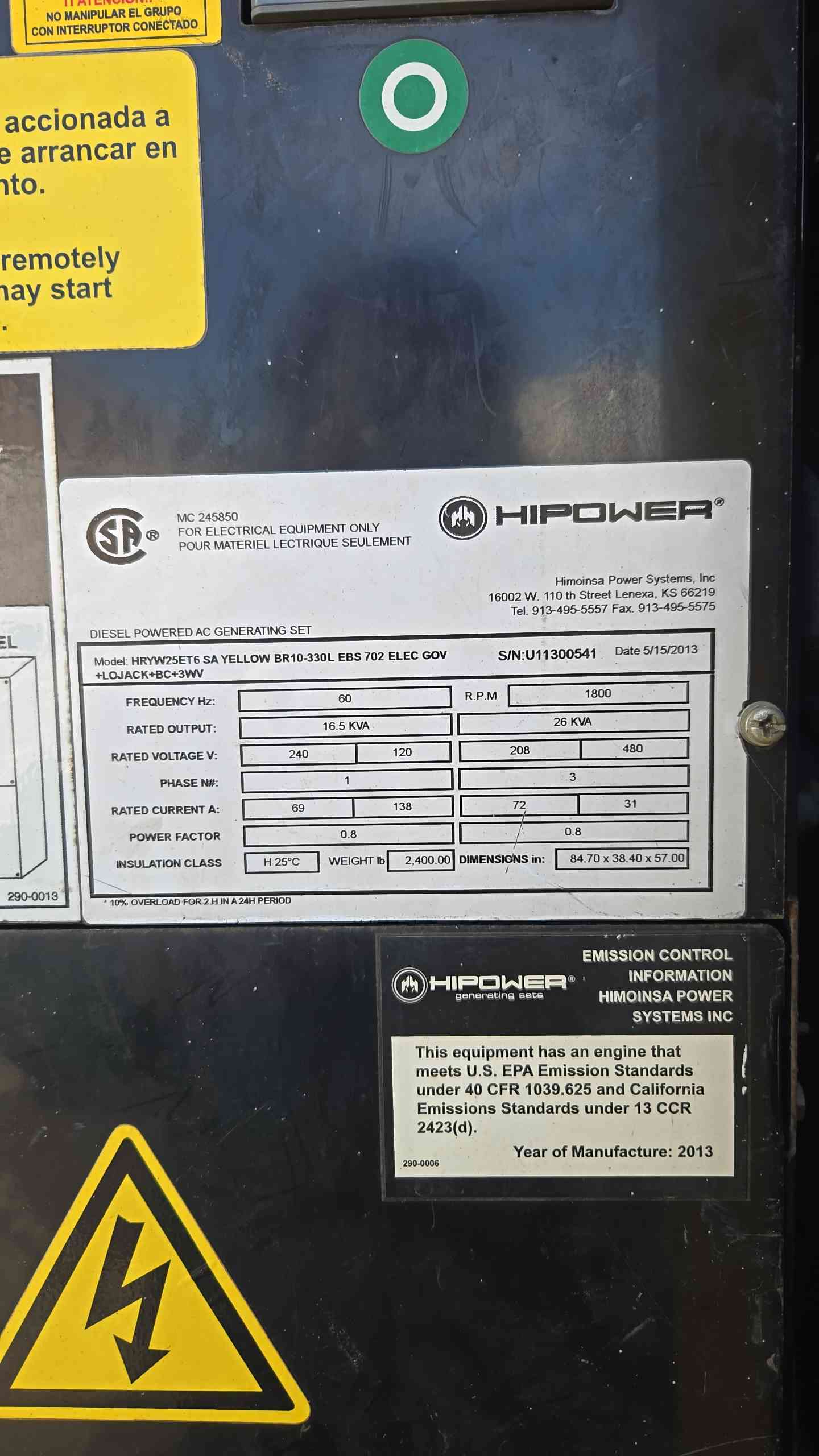 16.6KW/21KW HighPower Generator Trailerized 16,426 Hours LOAD TESTED '13
