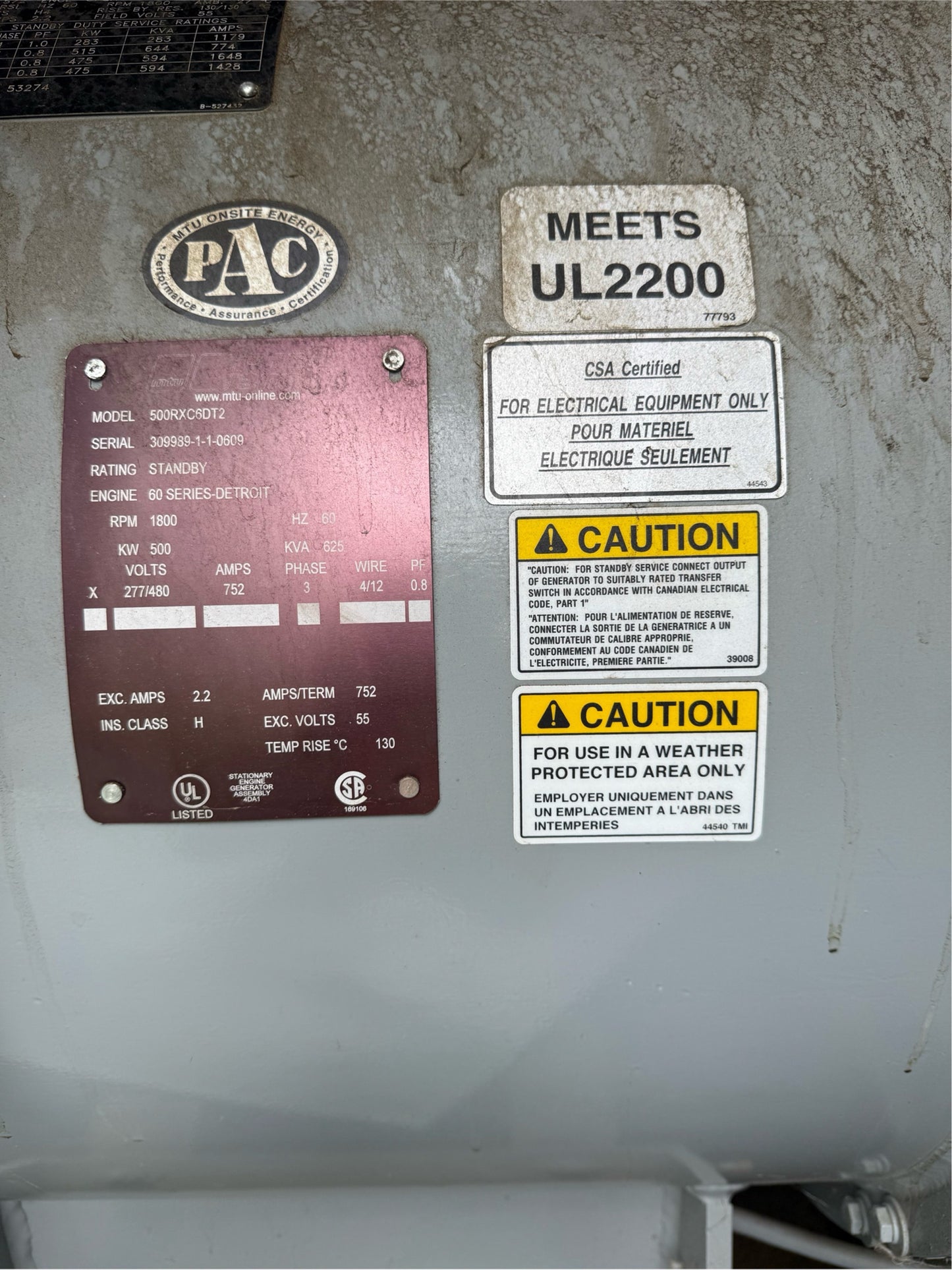 625KVA Onsite Energy Generator 500kw 277/480V 752A 3PH 500RXC6DT2