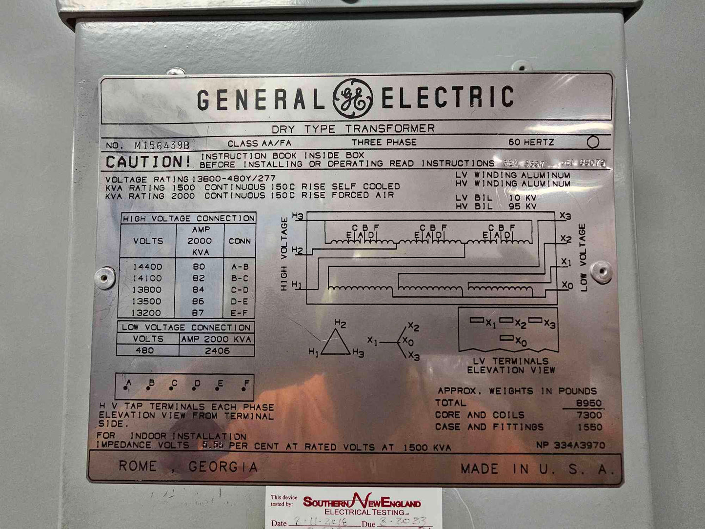 2000KVA GE Transformers 13800v x 480/277 Substation Dry Type Xfrmr #M156439A 1500KVA-CT 06450