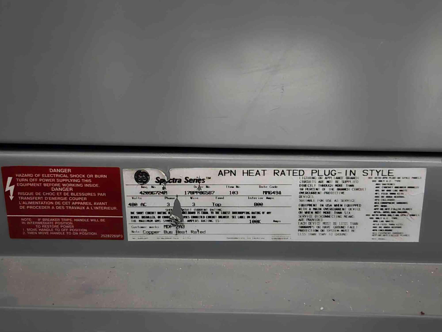 800A GE Spectra Panelboard w/ Main, Meter, 3 Breaker Distribution SFPA36AT0250 (107810)
