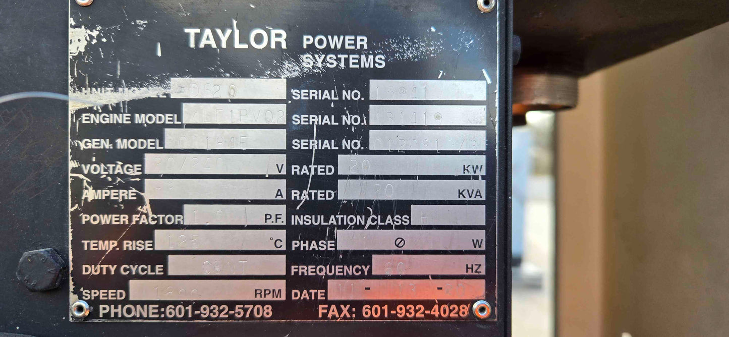 20KW Taylor Power Generator 4LE1 Isuzu Diesel 516 Hrs. TESTED '00