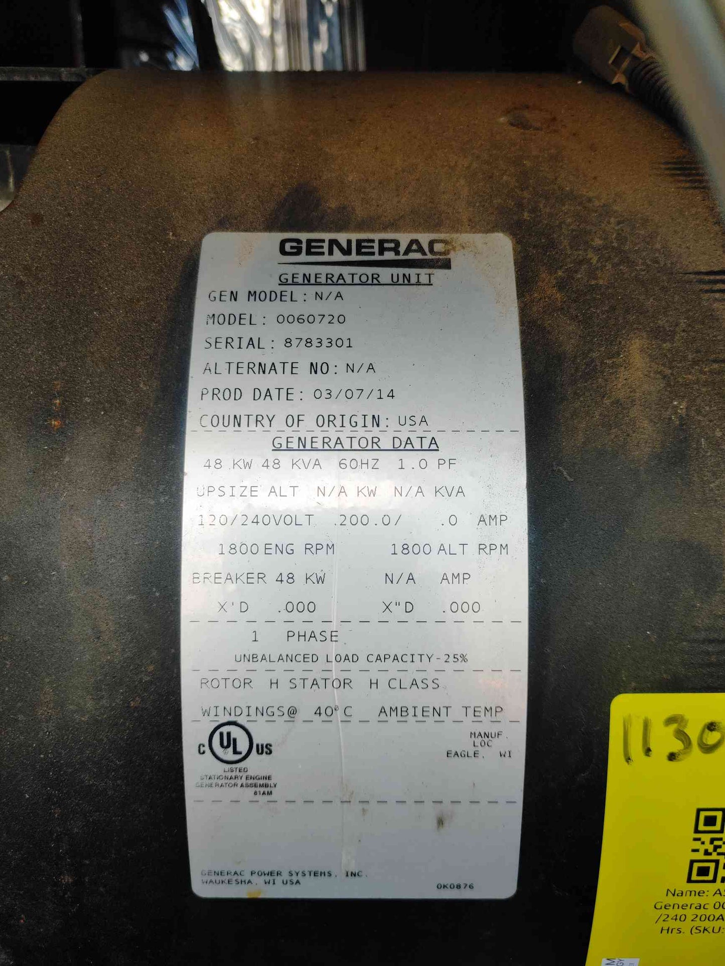 48KW Generac 0060720 120/240 200A 1PH 87.2 Hrs.
