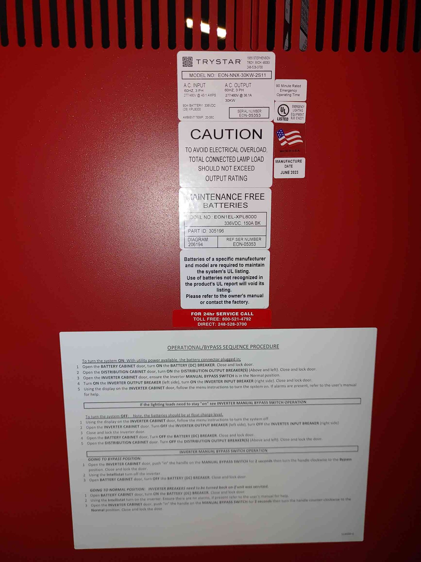 Trystar EON EL3 30kW Emergency Lighting Inverter 277/480V EON-NNX-30KW-2S11 NEW(SKU: 111358)
