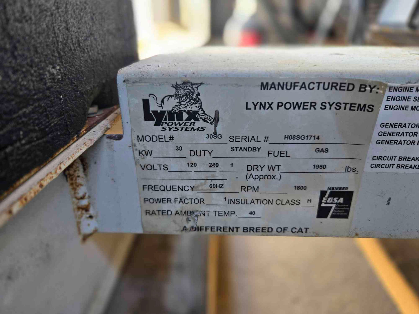 30KW Lynx Generator 3.0L GM LP Nat Gas 120/240V 1Ph. '07 1573Hrs. LOAD TESTED