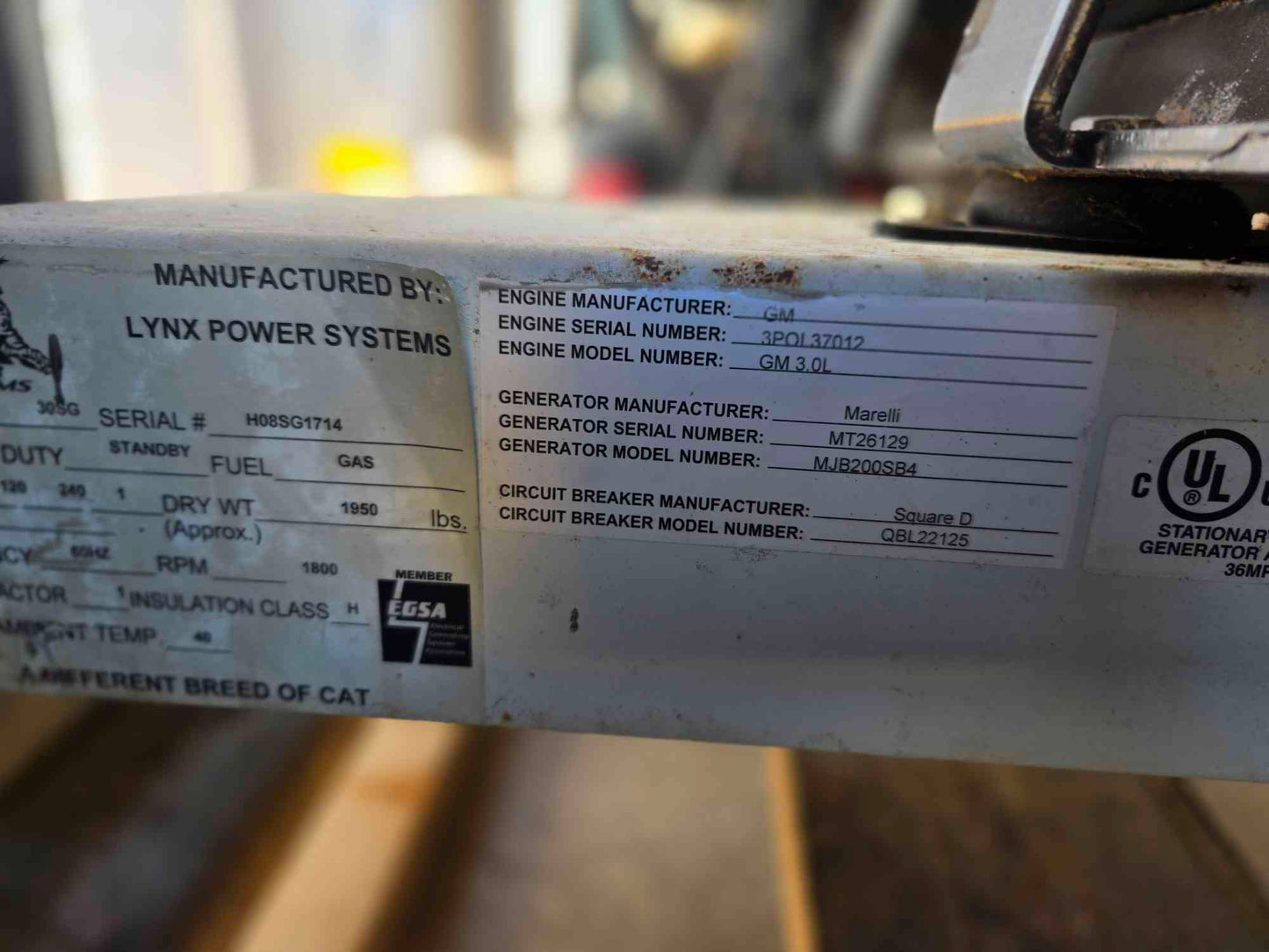 30KW Lynx Generator 3.0L GM LP Nat Gas 120/240V 1Ph. '07 1573Hrs. LOAD TESTED