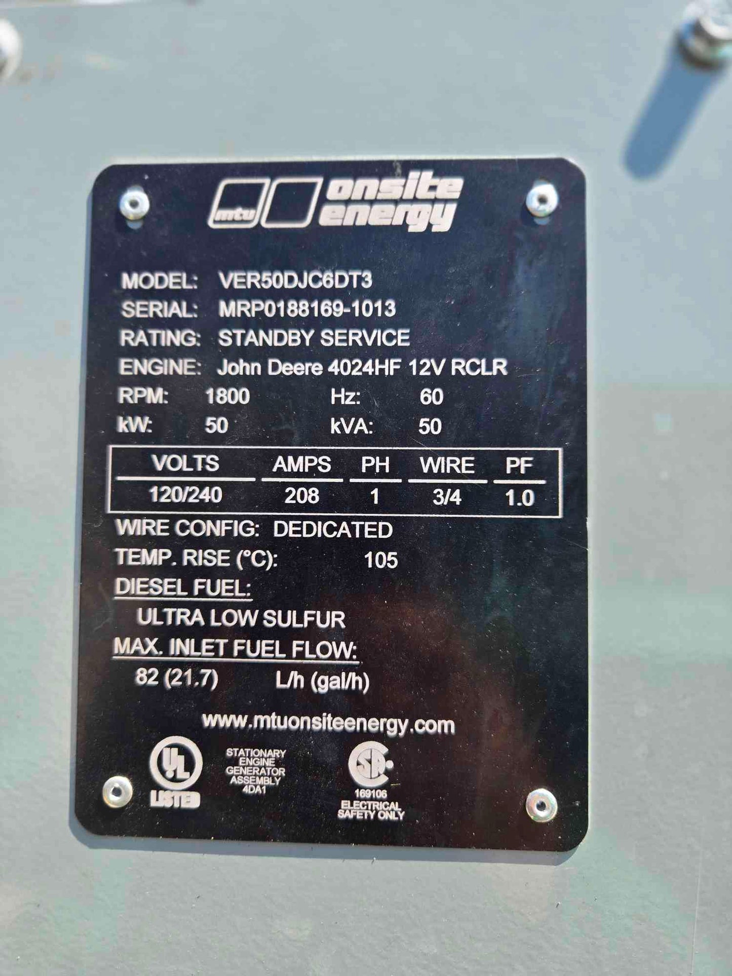 50KW MTU Generator 4024 John Deere Diesel 1Ph '13 148Hrs. LOAD TESTED