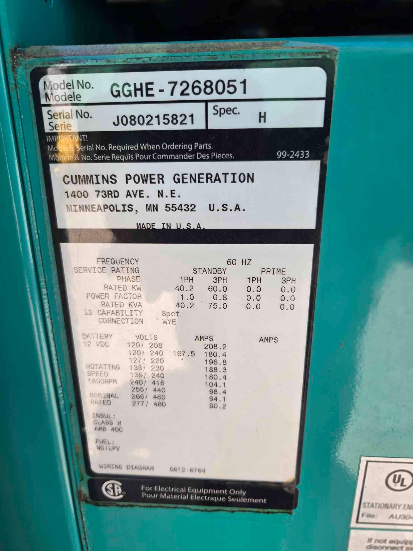 60KW Onan Generator 6.8L Ford LP Nat Gas '08 608 Hrs. LOAD TESTED