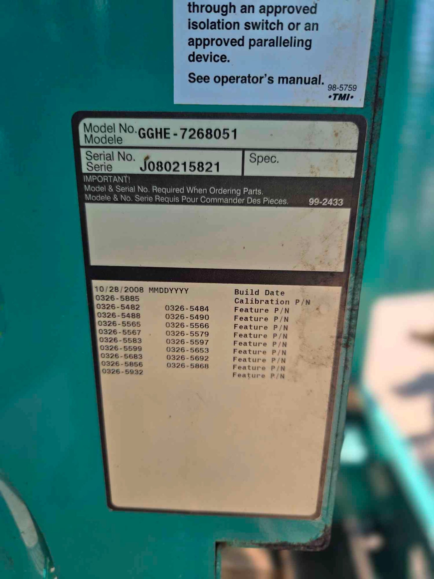 60KW Onan Generator 6.8L Ford LP Nat Gas '08 608 Hrs. LOAD TESTED