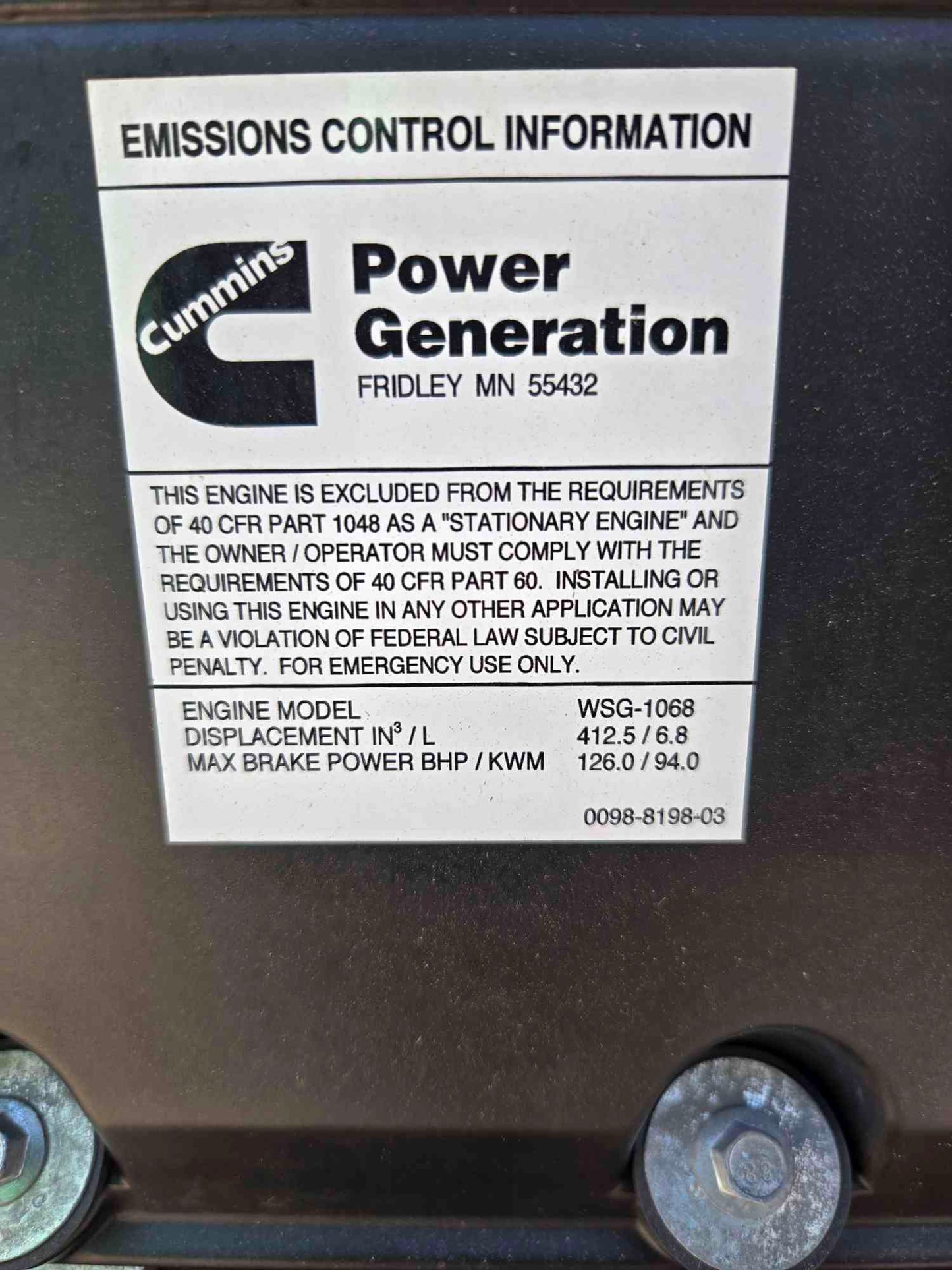 60KW Onan Generator 6.8L Ford LP Nat Gas '08 608 Hrs. LOAD TESTED