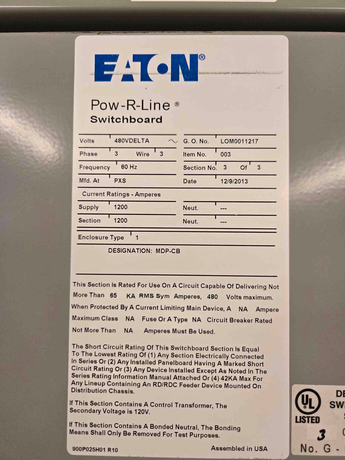 1200A Eaton Pow-R-line 480V Switchgear 3 Section 2 Mains Meter & 19 Breaker NGH65K NGH312032E