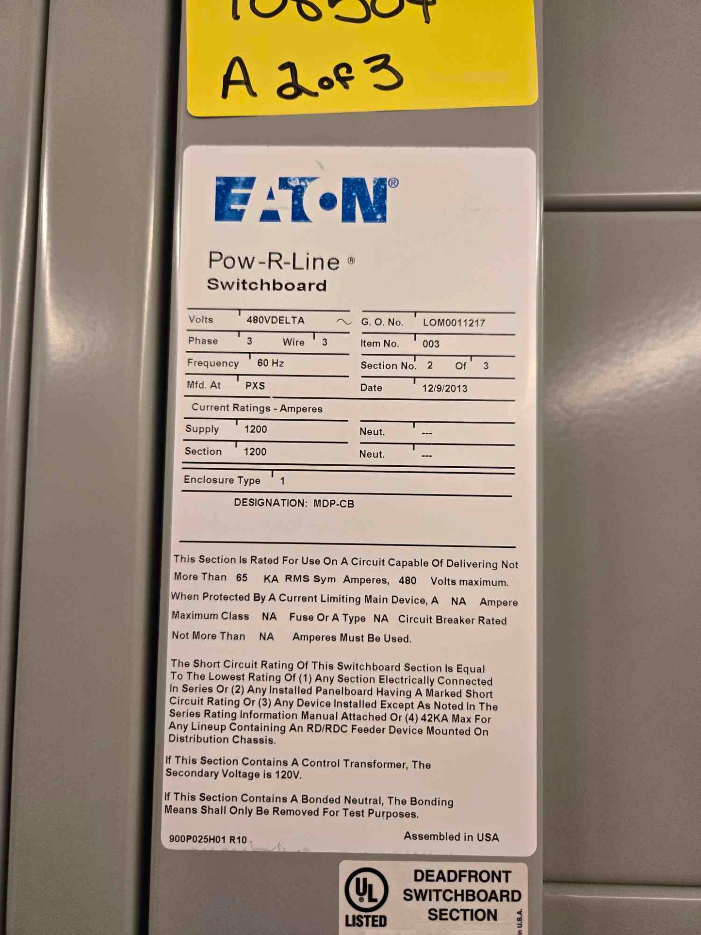 1200A Eaton Pow-R-line 480V Switchgear 3 Section 2 Mains Meter & 19 Breaker NGH65K NGH312032E