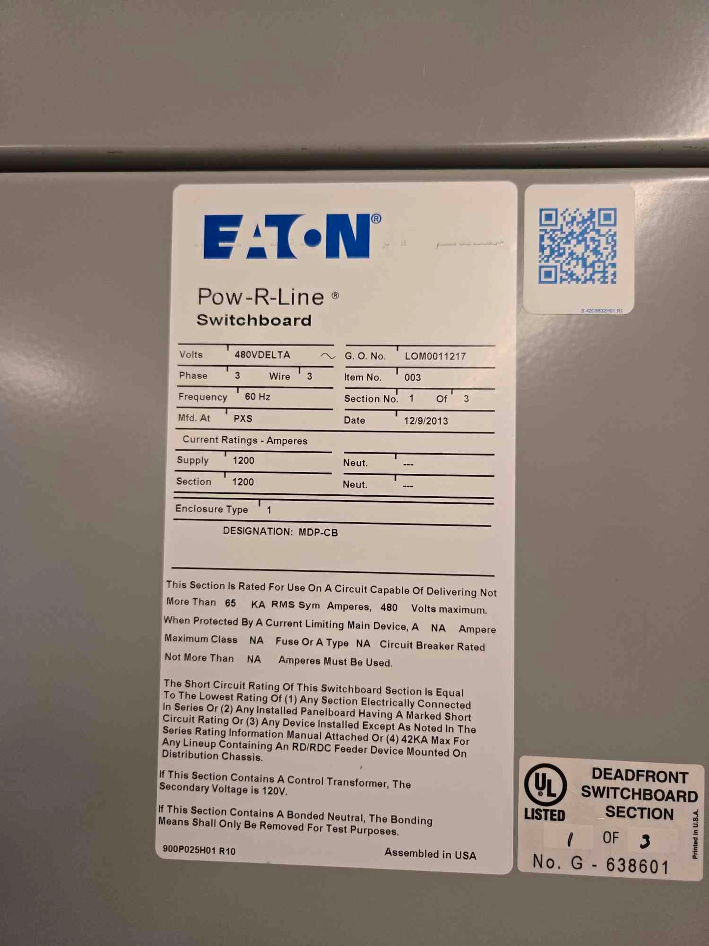 1200A Eaton Pow-R-line 480V Switchgear 3 Section 2 Mains Meter & 19 Breaker NGH65K NGH312032E