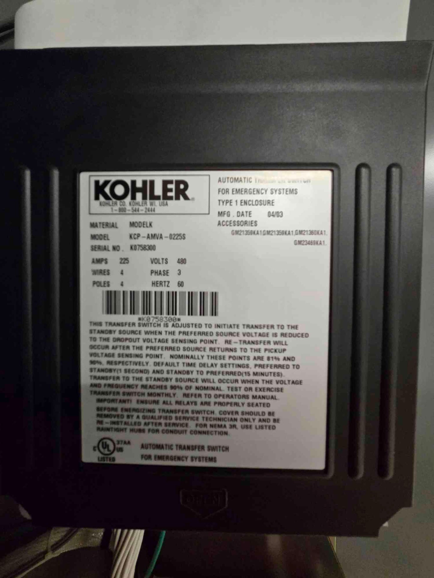 225A Kohler KCP-AMVA-0225S ATS