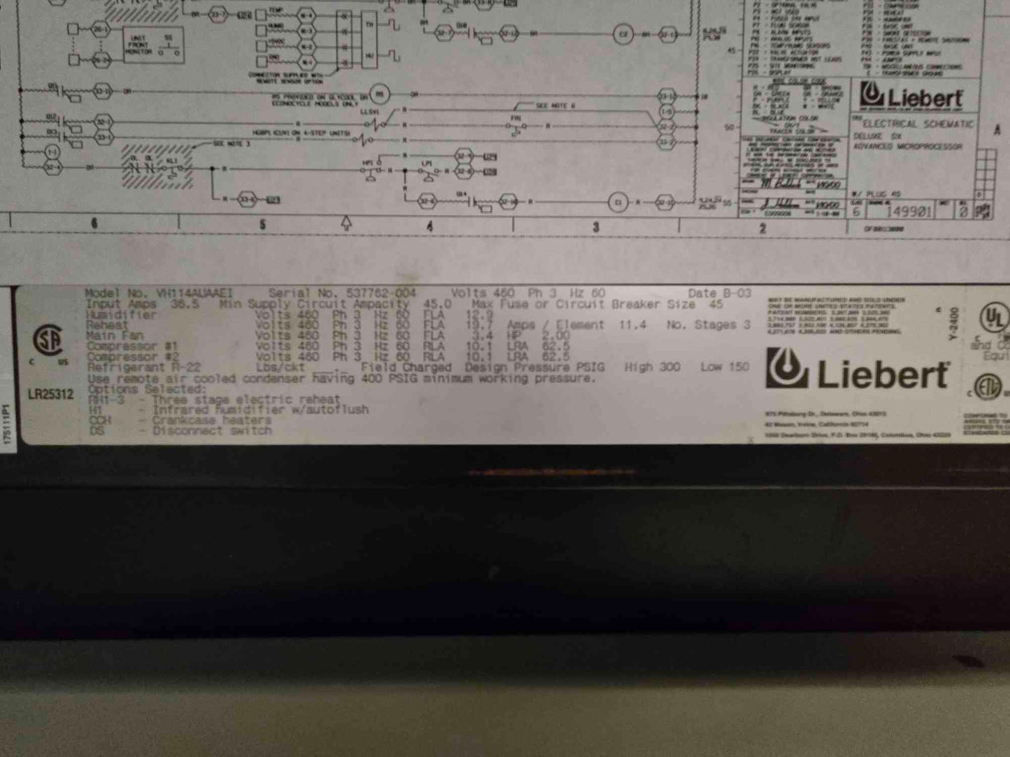 Liebert 8 Ton 460V 3Ph CRAC VH114A Upflow Computer Room AC