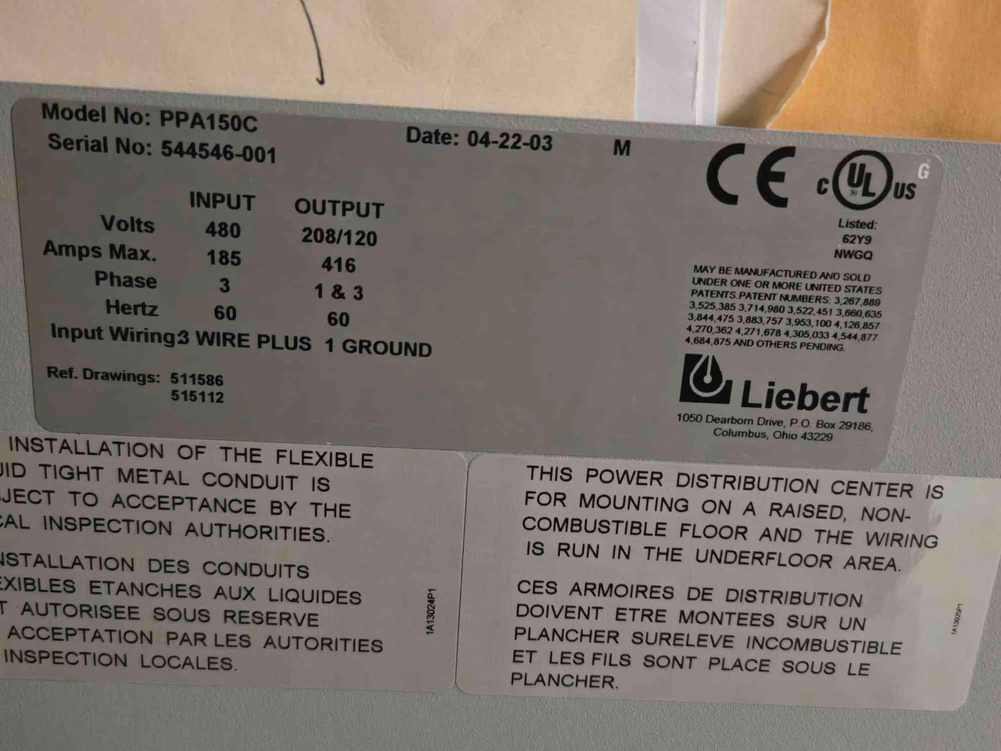 150KVA Liebert PPA150C PDU 480v in 208/120 out