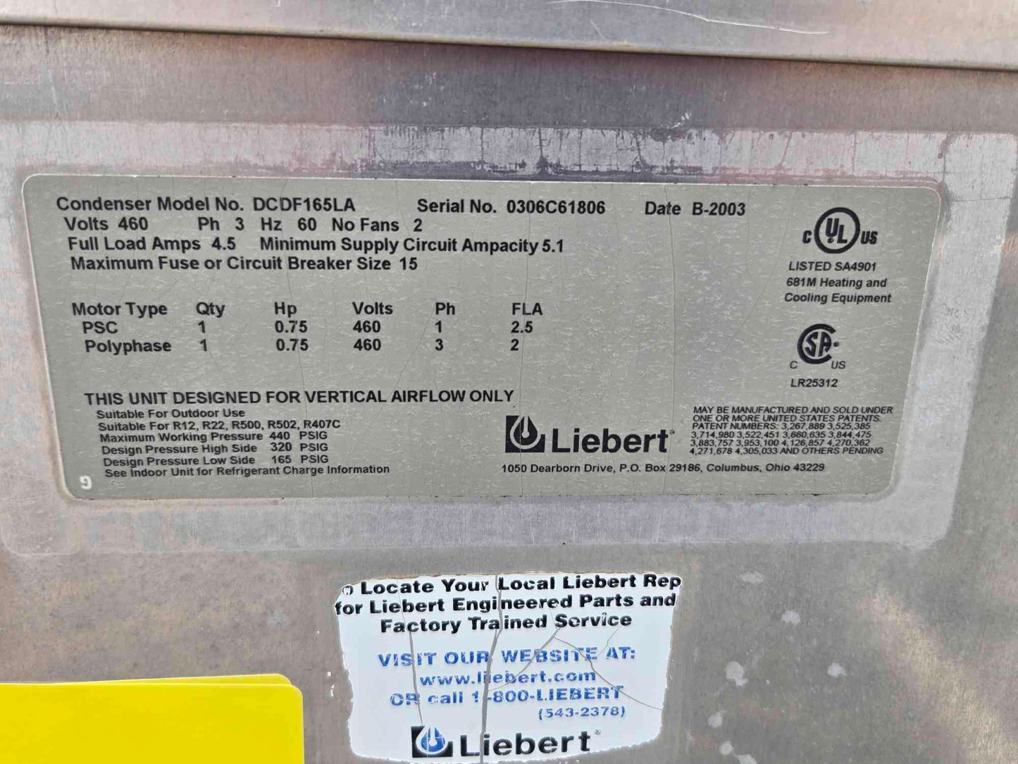 Liebert 2 Fan Condenser DCDF165LA 460v