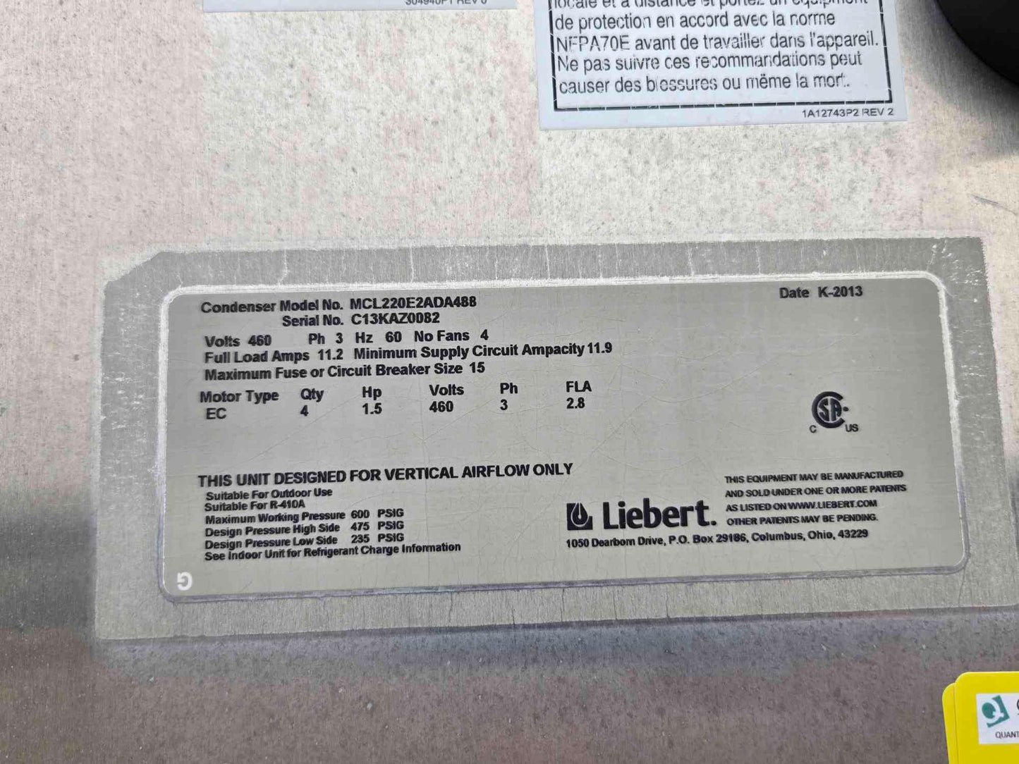 Vertiv DSE DA150D 30 Ton Air Cooled CRAC Downflow 460V 3Ph '13 w/ Condenser
