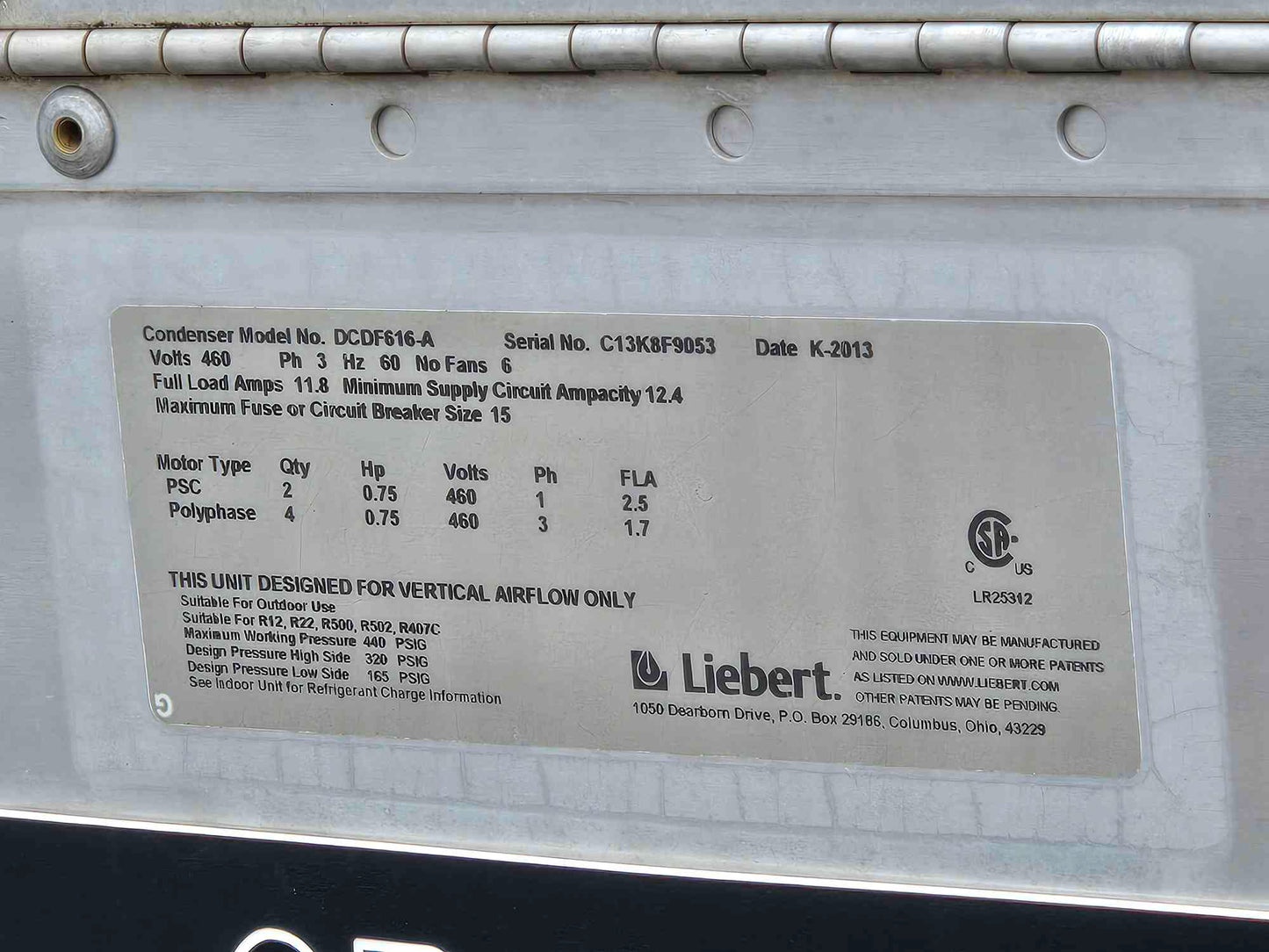 Liebert 6 Fan Condenser DCDF616-A 460v 30 Ton '13