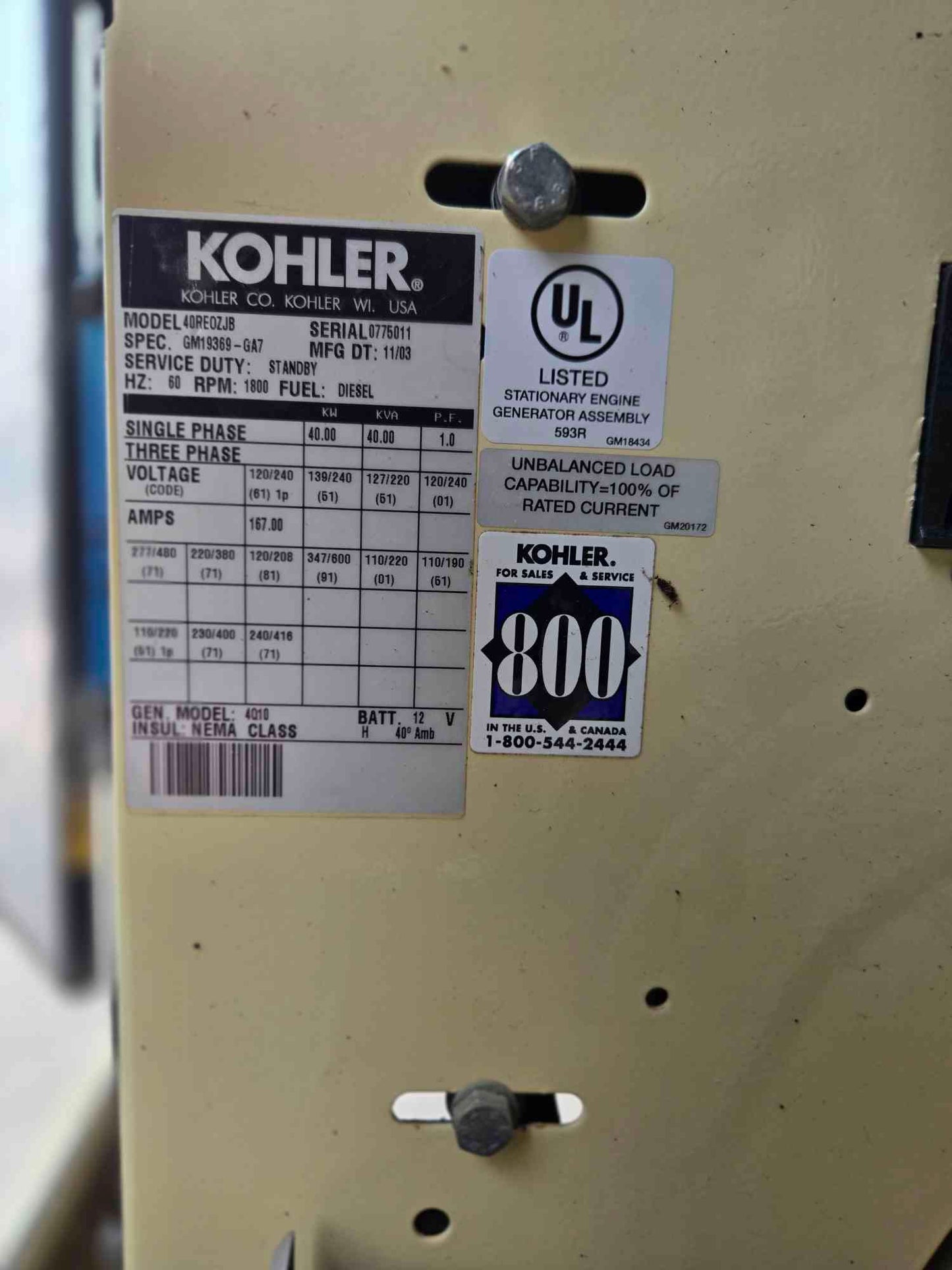 40KW Kohler 3029T John Deere Diesel Generator 340Hrs TESTED