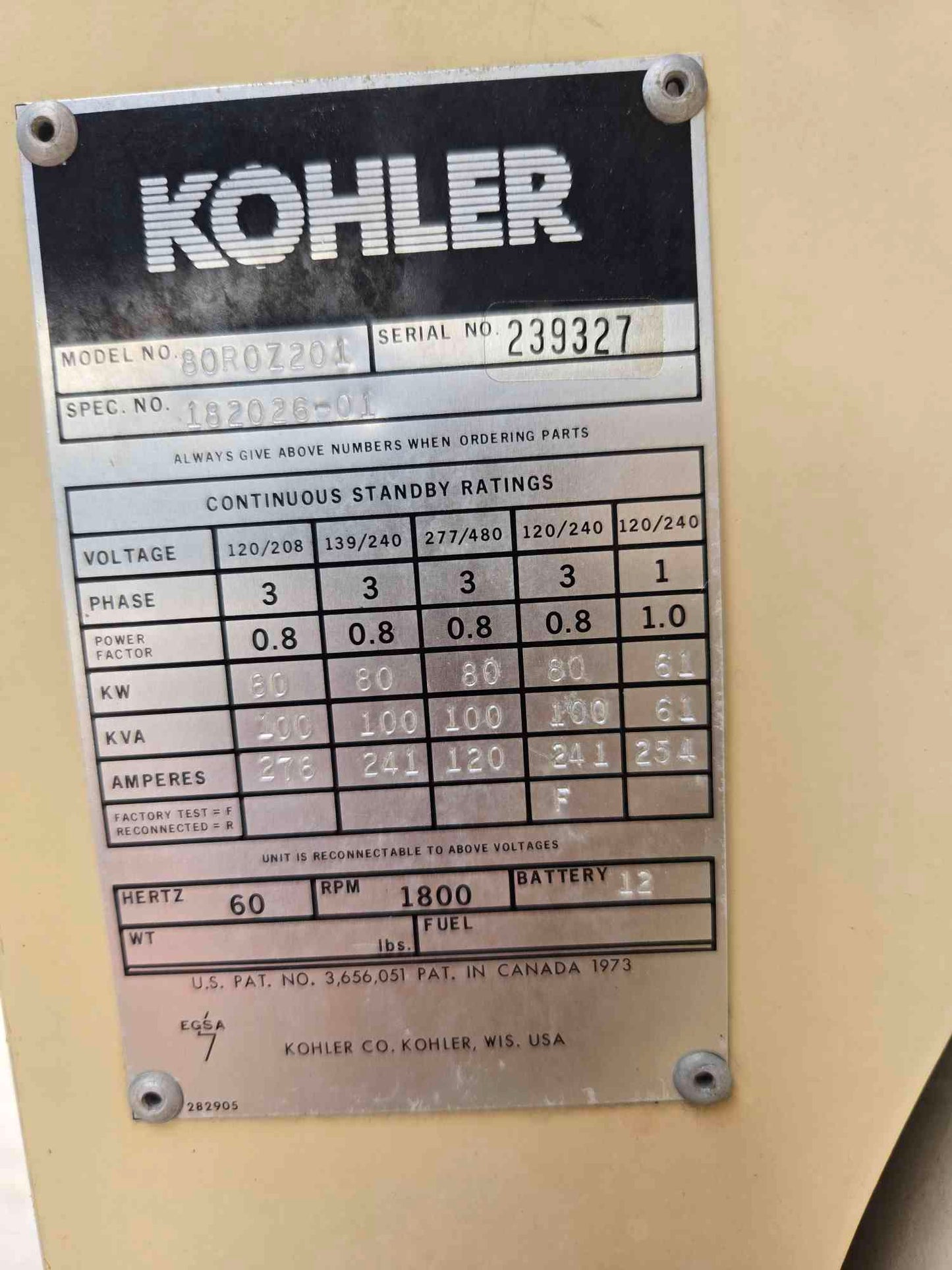 80KW Kohler 5.9L Cummins Diesel Generator '89 1802 Hrs TESTED