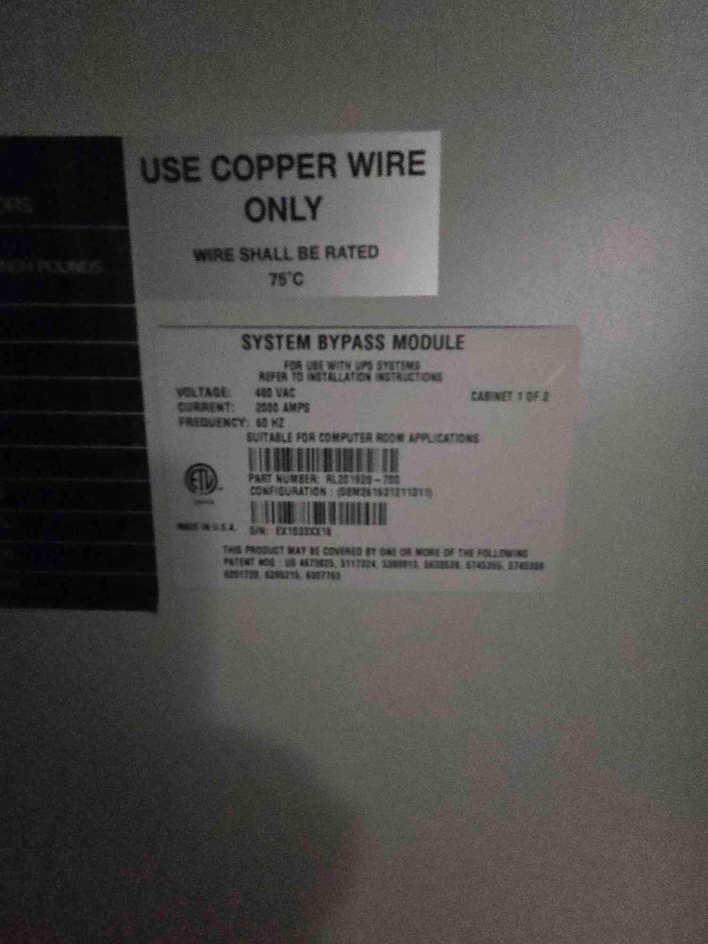2000A Powerware 480V UPS Bypass Control 3 Section SPB Cutler Hammer