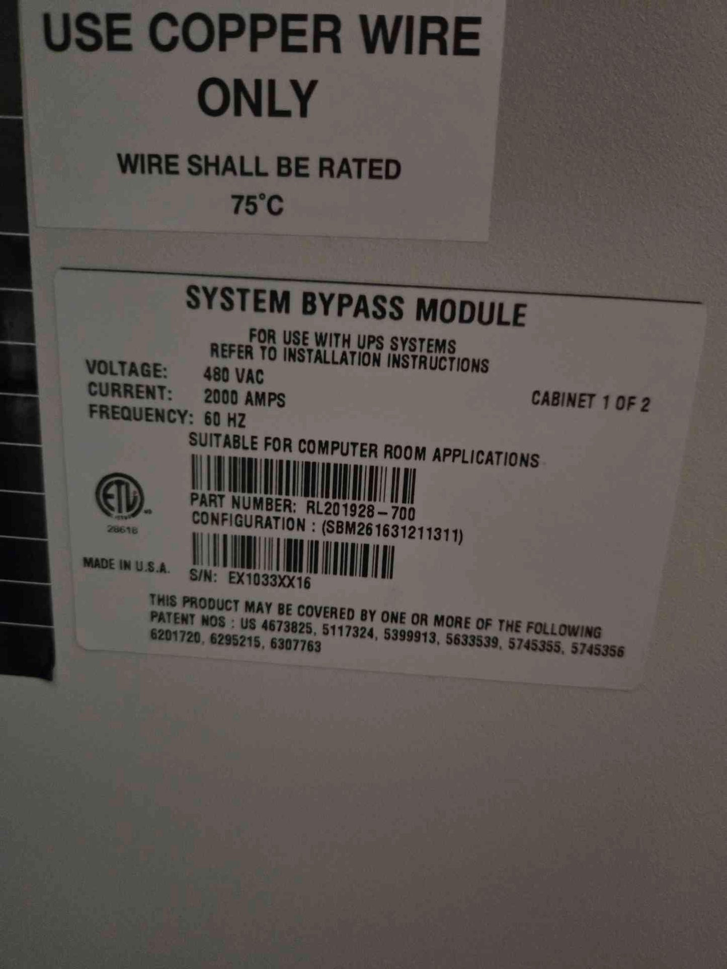 2000A Powerware 480V UPS Bypass Control 3 Section SPB Cutler Hammer